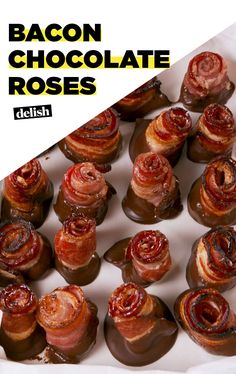 bacon chocolate roses in a box with the words bacon chocolate roses above them on top