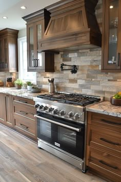 a stove top oven sitting inside of a kitchen next to wooden cabinets and counter tops