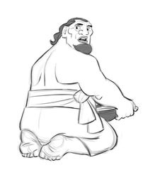 a drawing of a sumo wrestler sitting on the ground with his hands in his pockets