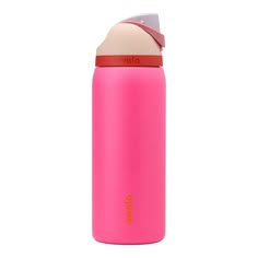 thermos bottle is pink and has an orange cap on it's side