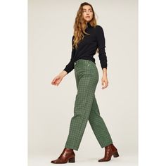 Green plaid denim (100% Cotton). Jeans. Front button closure. 29" inseam. 11" rise. Imported. Plaid Straight Leg Pants For Fall, Casual Plaid Bottoms With Button Closure, Classic Plaid Pants For Fall, Casual Plaid Bottoms For Fall, Casual Plaid Pants For Fall, Gingham Cotton Pants For Fall, Cotton Gingham Pants For Fall, Fall Gingham Cotton Pants, Casual Houndstooth Pattern Bottoms For Winter