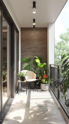 a balcony with potted plants and chairs