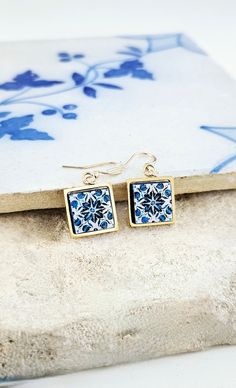 Porto Small Tile Gold Earring Portuguese Blue White Tile - Etsy Etched Blue Jewelry For Gift, Blue White Tile, Gold Tiles, Spouse Gifts, Tile Earrings, Gold Tile, Portuguese Tile, Small Tiles, Ceramic Pieces