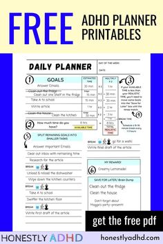 A picture of a printable ADHD planner daily sheet with the text "FREE adhd planner printables" and "get the free pdf" and "Honestly ADHD, honestlyadhd.com." Adha Planner, Mindful Planner, Time Block Planner Free Printable, Daily Brain Dump, How To Brain Dump, Add Planner, Daily Work Planner Free Printable, Neurodivergent Planner Free