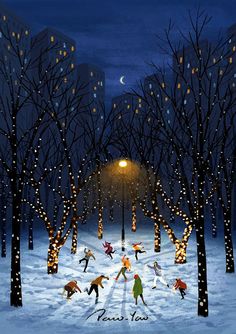 a painting of people playing in the snow at night with lights on trees and buildings