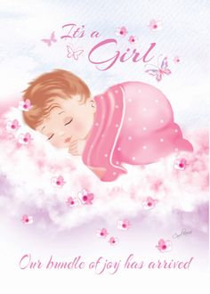 a baby girl sleeping on top of clouds with pink flowers and butterflies in the background