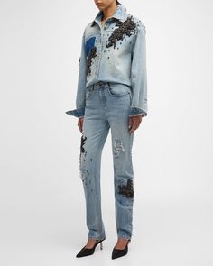 Pre Fall Collection, Beaded Applique, Slim Legs, Denim Wash, Appliques, Leg Jeans, Neiman Marcus, What To Wear, Denim Jeans