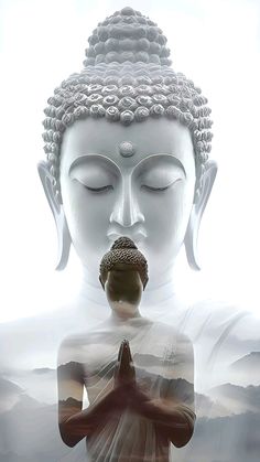 a buddha statue with its eyes closed and hands folded in front of it, as if for meditation