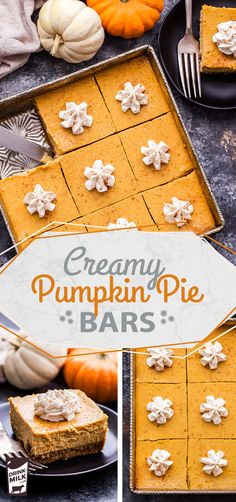 pumpkin pie bars with cream cheese frosting on top and in the background, there is a sign that says creamy pumpkin pie bars