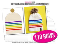 a knitted beanie hat with rainbow stripes and a pom - pom