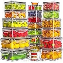 a large stack of plastic containers filled with fruits and vegetables