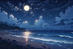 a painting of the ocean at night with clouds and stars in the sky above it