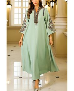 Get 10% off now! Buy exotic embroidered modest women kaftans muslim dress at cheap price online. Free stable shipping and pro custom service since 2009. Green Embroidered Neckline Dress For Eid, Modest Embroidered Dress For Eid, Modest Embroidered Maxi Dress For Eid, Green Embroidered Kaftan For Eid, Green Embroidered Floor-length Thobe, Long Sleeve Kaftan With Embroidered Neckline For Eid, Modest Women, High Low Prom Dresses, Purple Prom Dress