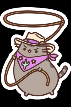 a cat with a hat and scarf around it's neck is holding a lasso