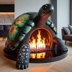 a tortoise shell shaped fireplace in a living room