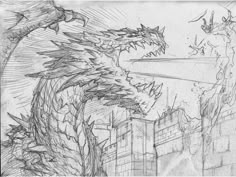 a pencil drawing of a dragon in front of a cityscape with trees and buildings