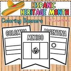 three mexican heritage month coloring pages with the text,'mexico heritage month coloring banners 2 countries