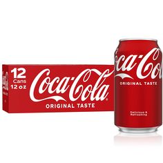 a can of coca - cola next to a box of 12 packs of original taste