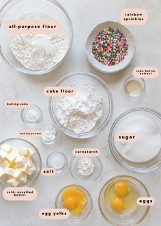 the ingredients to make this cake include eggs, flour, sugar and sprinkles