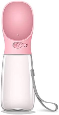 a pink and white bottle with a cord attached to the top, on a white background