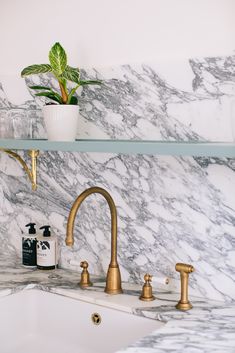 a bathroom with marble counter tops and gold faucets on the sink, next to a potted plant