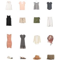 an assortment of clothes and accessories arranged on a white background