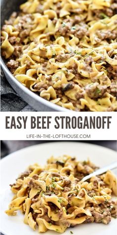 an easy beef stroganoni recipe in a skillet with the title above it