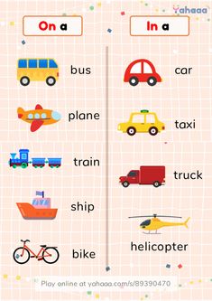 a poster with different types of vehicles and words on it, including the word in english