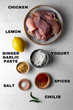 ingredients to make chicken with lemon, ginger garlic paste, salt, and chilis