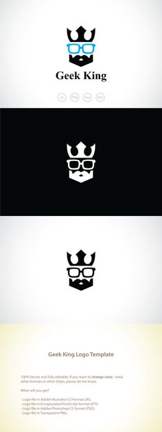 three different logos with the words geek king on them