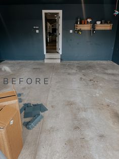 an empty room that has been painted blue with the words before and after on it