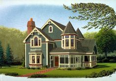 this is an artist's rendering of a victorian style house in the country side