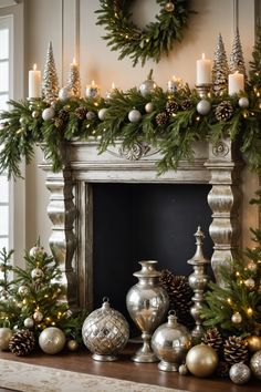 a mantel decorated with christmas decorations and pine cones on top of it, surrounded by candles