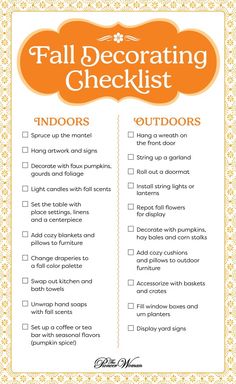 an orange and white fall decor checklist with the words,'fall decorating checklist