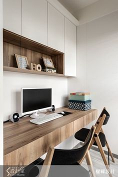 a wooden desk with a computer monitor and keyboard sitting on top of it next to a chair