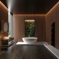 a bathroom with a large tub, sink and mirror in it's center wall