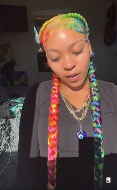 Braids With Multiple Colors, Bold Hairstyles For Women, Cute Color Braids, Two Braids With Color, Rainbow Cornrows, Teal And Blonde Braids, Colored Stitch Braids, Colorful Braided Hairstyles, Rainbow Hair Black Women