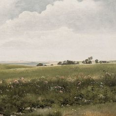 an oil painting of a field with flowers and trees in the distance, on a cloudy day