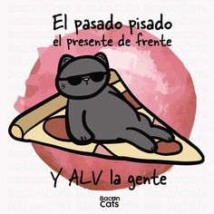 a drawing of a cat wearing sunglasses on top of a surfboard with the caption el paso pisado el presente de frenite y alv la gente