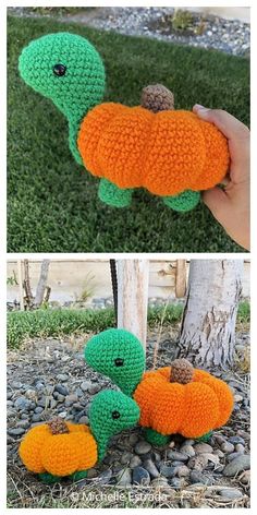 crocheted stuffed animals made to look like pumpkins and turtle's for halloween