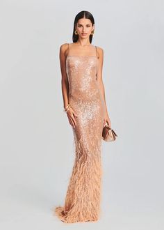 Odessa Sequin Feather Dress – Retrofete Sequin Feather Dress, Bridal Reception Dress, Australia Clothes, Sheer Maxi Dress, Bride Bachelorette, Bachelorette Party Bride, Rehearsal Dress, Embellished Gown, Feather Dress