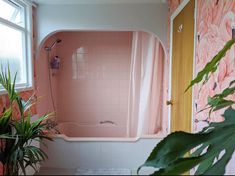 a pink bath tub sitting next to a green plant in a bathroom under a window