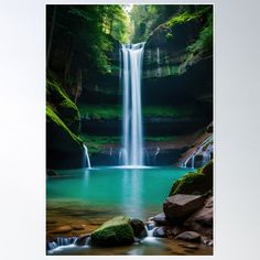 a waterfall in the middle of a forest poster