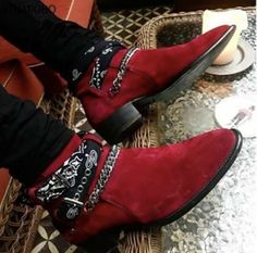 Men Red Suede Leather Chain Buckle Strap Ankle High Dress Boot on Storenvy Chelsea Boots Outfit, Boots Outfit Men, Male Shoes, Quality Leather Boots, Bota Country, Custom Design Shoes, Handmade Boot, Handmade Leather Shoes, Mens Boots Fashion