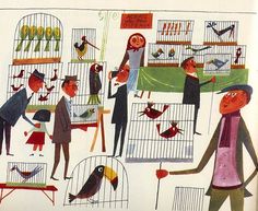 an illustration of people in cages with birds and parrots on the inside, one man is holding a birdcage