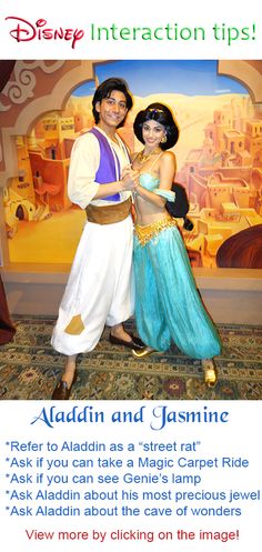 a man and woman dressed up as disney characters in front of a backdrop with the words,'addin and jasmine '