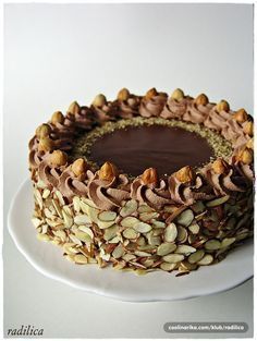 there is a chocolate cake with nuts on it