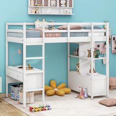 a child's bedroom with blue walls and white bunk beds, toys on the floor