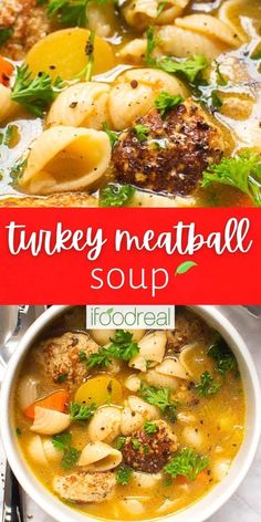 turkey meatball soup in a white bowl with carrots and parsley