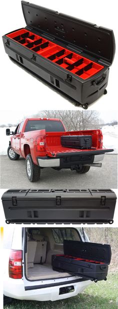 the back end of a pickup truck with its cargo compartment open and another side view showing it